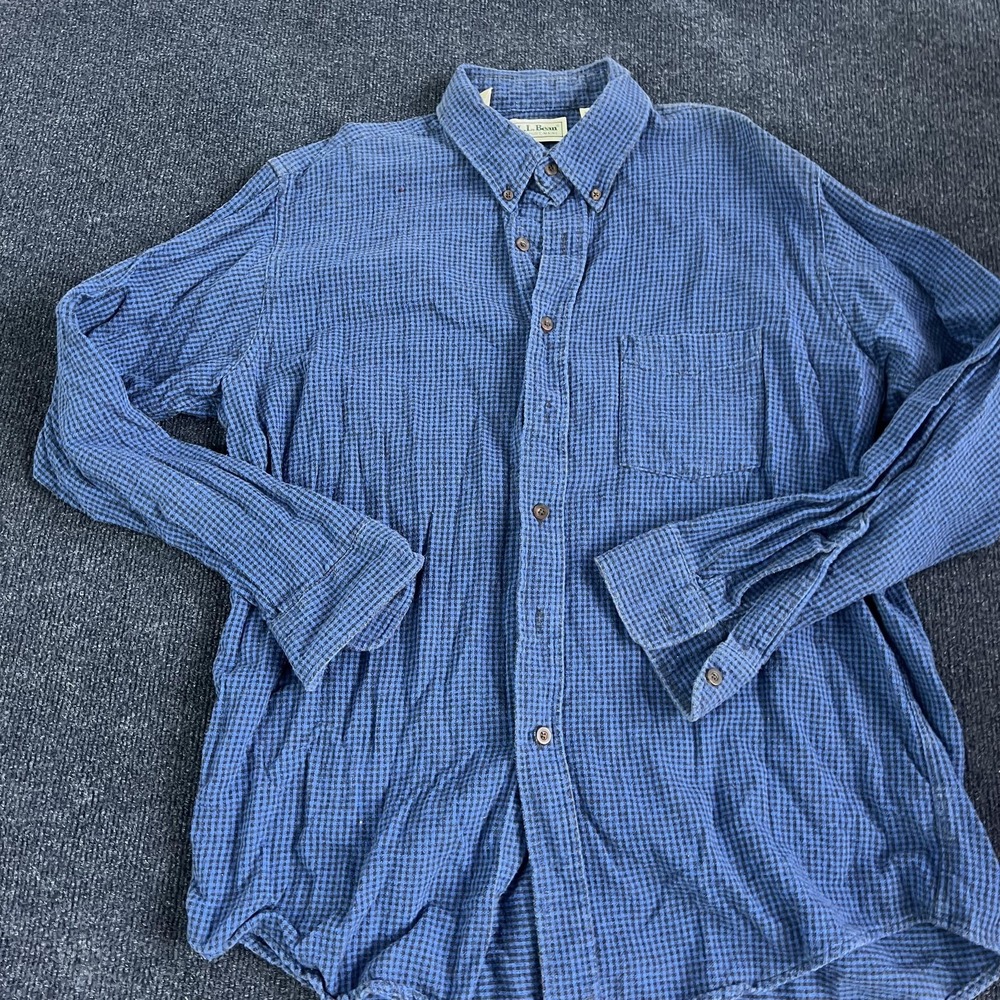 Vintage LL Bean Shirt Mens Large Blue Black Houndstooth Flannel Button Down USA